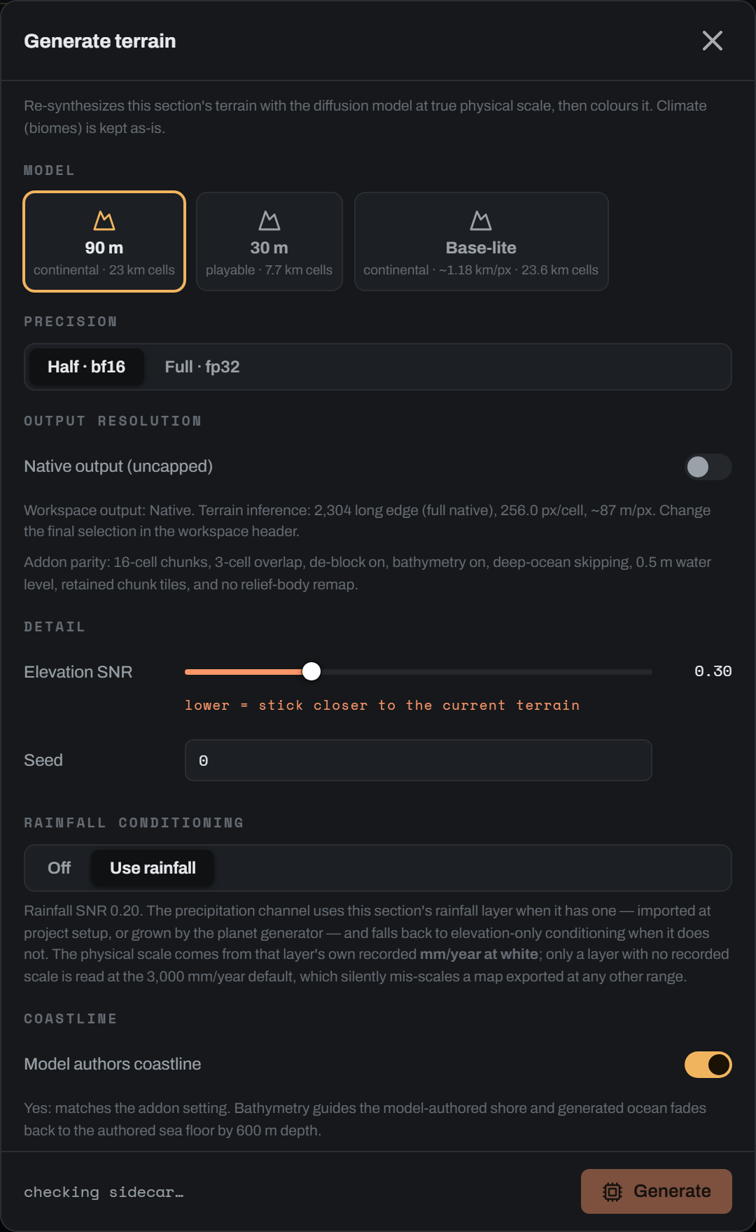 The Generate dialog on a machine with no terrain model installed