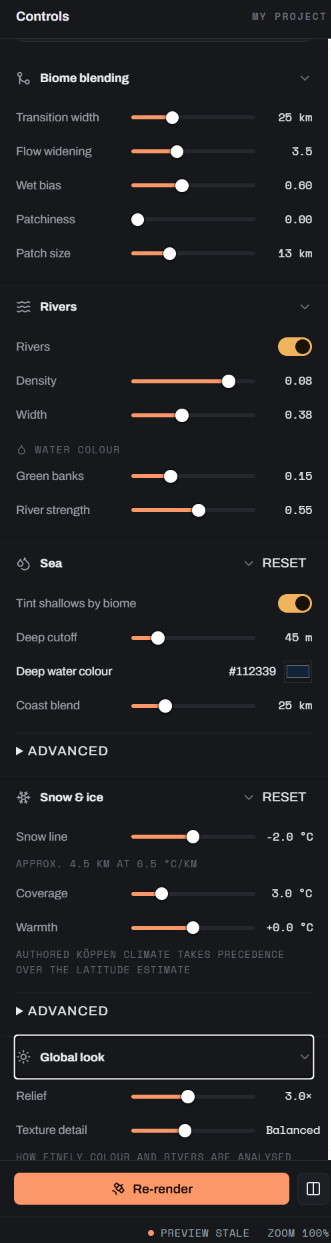 Render controls for rivers, sea and snow